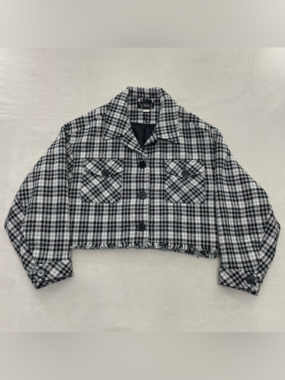 Cider Black White Plaid Cropped Tweed Blazer Jacket Frayed Trim XL Rodeo Western